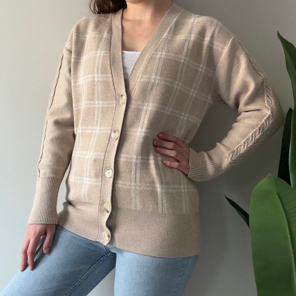 Joie Sweaters - Joie Beige Plaid Cardigan long sleeve cable knit accent button down front